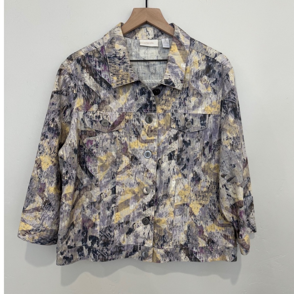 Chicos Linen Cotton Abstract Print Button Front Jacket Coastal Artsy XL Size 3